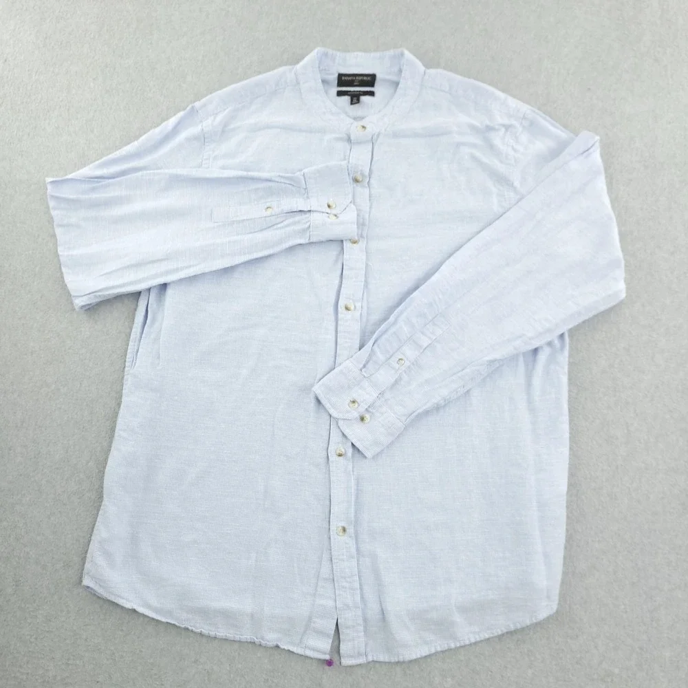 Banana Republic Shirt Mens XLT Blue Check Long Sleeve Linen Button Up Collarless